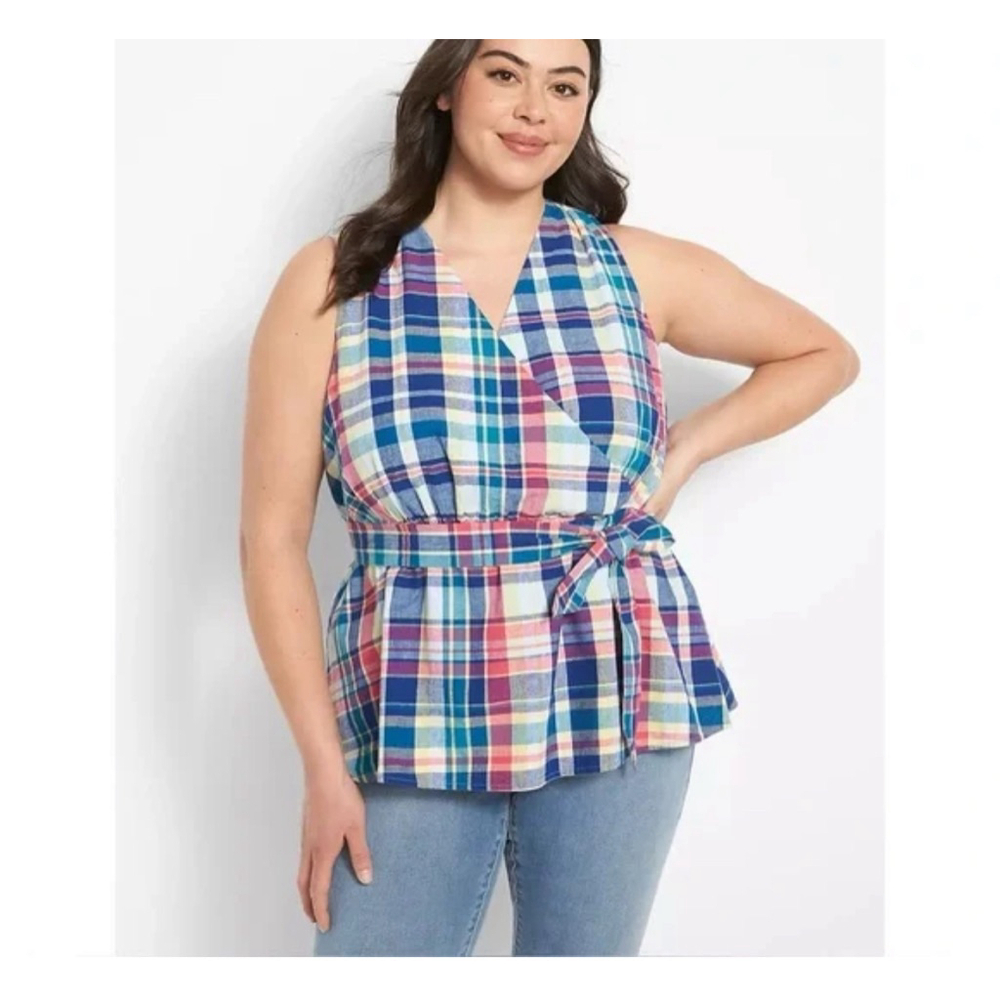 Women's Lane Bryant Plaid Wrap Tank Top Plus Size 22 Blue Pink